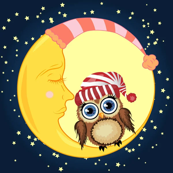 A lovely cartoon brown owl in a red hat sits on a drowsy crescent moon against the background of the night sky with stars — Stock Vector