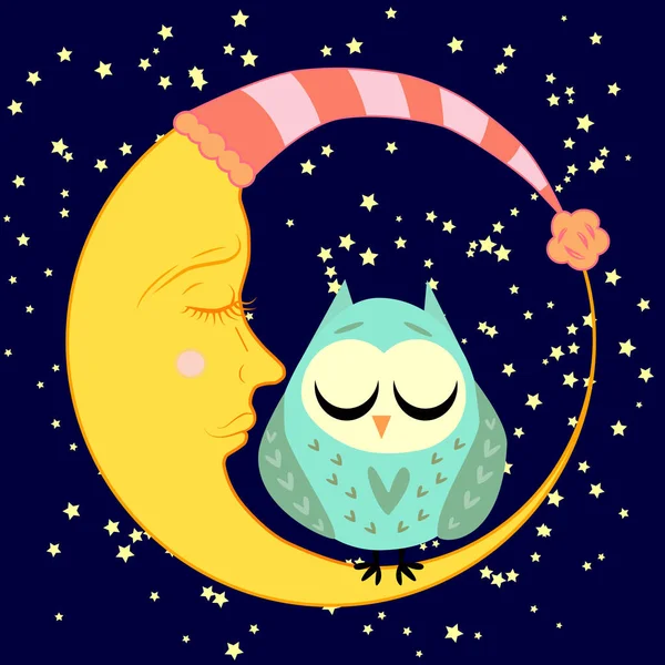 Lindo caricatura durmiendo búho en corazones con los ojos cerrados se sienta en una media luna somnolienta entre las estrellas — Vector de stock