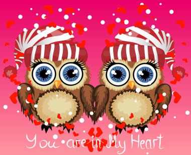 İki sevgi dolu baykuşlar, bir çift kanat, mor bir arka plan üzerine dokunun. Kavramı iki kalpler. Yazıt seni seviyorum