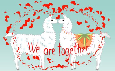 İki sevgili, Kalpler tarafından çevrili llamas öpüşme. Havada aşktır. Yazıt birlikteyiz, kartpostal, Sevgililer günü