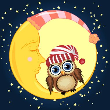 Uykulu Hilal yıldız ile gece gökyüzünün arka planı kırmızı şapkalı güzel karikatür kahverengi baykuş oturur