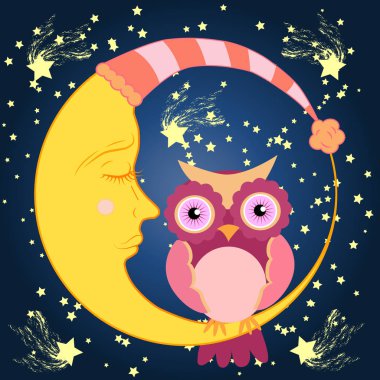 Sevimli çizgi film pembe baykuş uyuklayan hilal ayının üzerinde oturuyor yıldızlarla dolu gece gökyüzünde