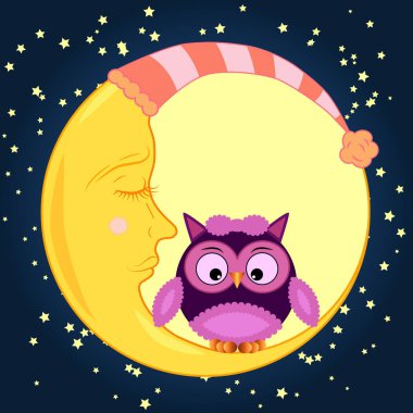 Bir yuvarlak uyuyan Hilal yıldız ile gece gökyüzünde oturan sevimli çizgi baykuş