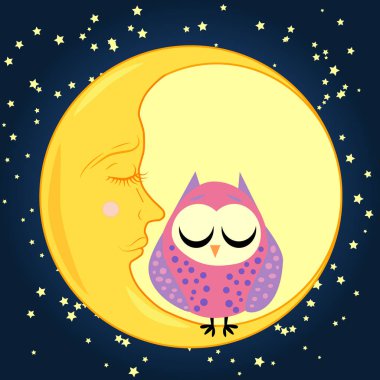 sevimli çizgi uyku baykuş Kapalı gözlerle çevrelerde uykulu Hilal yıldızlar arasında oturur