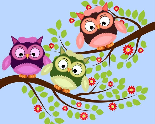 Bright cute cartoon owls sit on the flowering branches of fantastic trees — Stock Vector