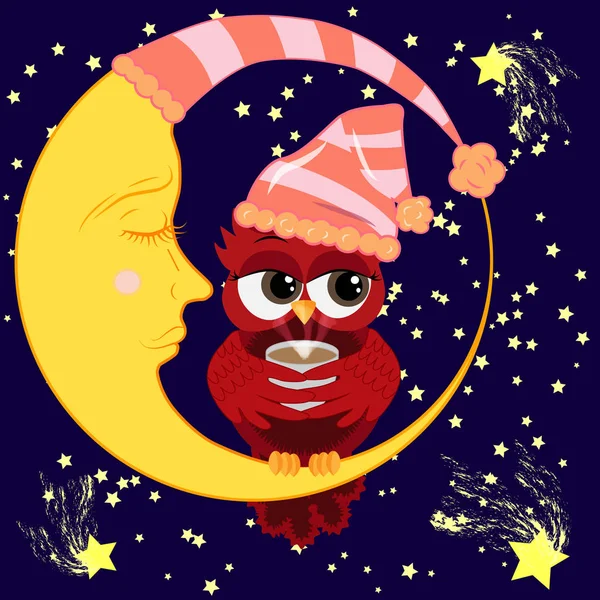 Carino gufo dei cartoni animati civettuola rosso civettuola con una tazza di caffè nella campana per dormire seduto dormiente sulla mezzaluna contro il cielo notturno con le stelle — Vettoriale Stock