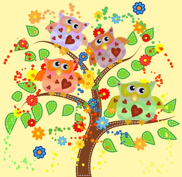 明るいかわいい漫画フクロウは素晴らしい木の開花の枝に座っています — ストックベクタ