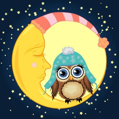 Uyuyordu Hilal yıldız ile bir gece gökyüzü arka planı Mavi şapkalı bir tatlı karikatür kahverengi baykuş oturur