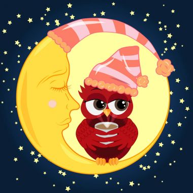 Sevimli çizgi baykuş cilveli kırmızı bir fincan kahve Hilal yıldız ile gece gökyüzüne karşı uyuyan oturan uyku için çan ile