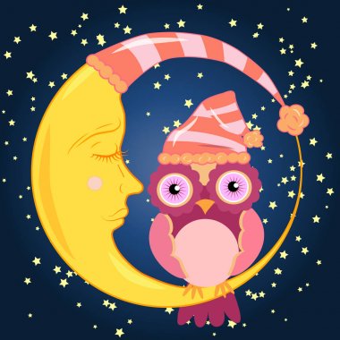 Sevimli çizgi pembe baykuş Hilal yıldız ile gece gökyüzüne karşı uyuyan oturan uyku için çan