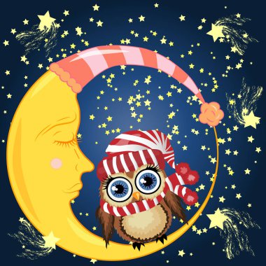 Uykulu Hilal yıldız ile gece gökyüzünün arka planı kırmızı şapkalı güzel karikatür kahverengi baykuş oturur