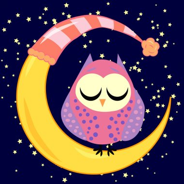 sevimli çizgi uyku baykuş Kapalı gözlerle çevrelerde uykulu Hilal yıldızlar arasında oturur