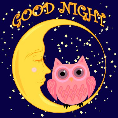 İyi geceler ay ve sevimli baykuş uyku ile kart. Vektör çizim