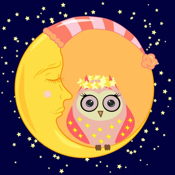 น่ารักการ์ตูนนกฮูกนอนหลับในวงกลมที่มีตาปิดนั่งบนดวงจันทร์ที่ง่วงในหมู่ดาว — ภาพเวกเตอร์สต็อก