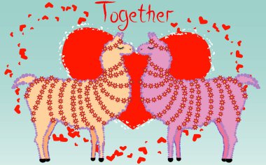 İki aşık kalpler tarafından çevrili llamas öpüşme. Havada aşktır. Yazıt birlikte daha az kalpleri, kartpostal, Sevgililer günü tarafından çevrili bir kırmızı kalp içinde