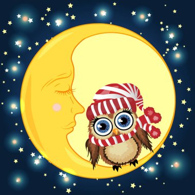 Uykulu Hilal yıldız ile gece gökyüzünün arka planı kırmızı şapkalı güzel karikatür kahverengi baykuş oturur