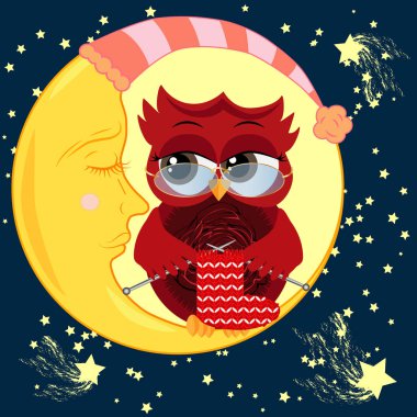 Güzel çizgi film, cilveli baykuş gözlük takan bir çorap tekerlek teli üzerinde dokuma kumaşlar ve uyuyordu Hilal yıldız ile gece gökyüzünün arka planı üzerinde oturur