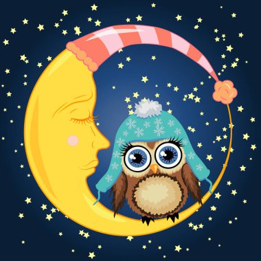 Uyuyordu Hilal yıldız ile bir gece gökyüzü arka planı Mavi şapkalı bir tatlı karikatür kahverengi baykuş oturur