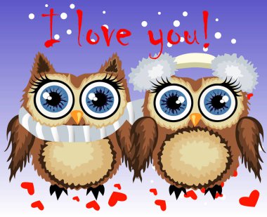 İki sevgi dolu baykuşlar, bir çift kanat, mor bir arka plan üzerine dokunun. Kavramı iki kalpler. Yazıt seni seviyorum