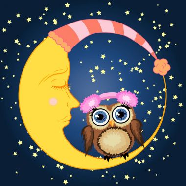 Bir tatlı karikatür kahverengi baykuş yumuşak kulaklık uykulu Hilal yıldız ile gece gökyüzünün bir arka plan üzerinde oturur