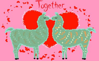 İki aşık kalpler tarafından çevrili llamas öpüşme. Havada aşktır. Yazıt birlikte daha az kalpleri, kartpostal, Sevgililer günü tarafından çevrili bir kırmızı kalp içinde