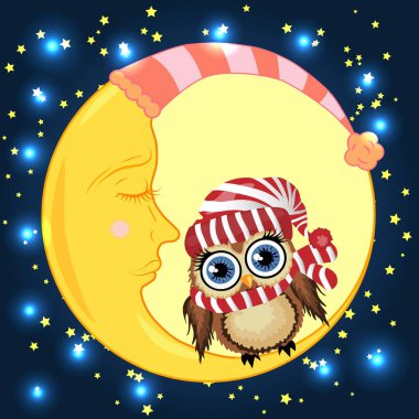 Uykulu Hilal yıldız ile gece gökyüzünün arka planı kırmızı şapkalı güzel karikatür kahverengi baykuş oturur