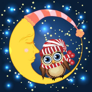 Uykulu Hilal yıldız ile gece gökyüzünün arka planı kırmızı şapkalı güzel karikatür kahverengi baykuş oturur