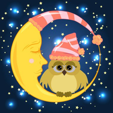 Uyuyan bir kap üzerinde hüzünlü gözleri ile bir tatlı karikatür baykuş uykulu Hilal yıldız ile bir gece gökyüzü arka planı oturur