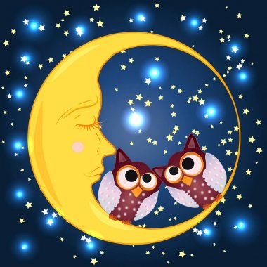 sevimli çizgi uyku baykuş Kapalı gözlerle çevrelerde uykulu Hilal yıldızlar arasında oturur