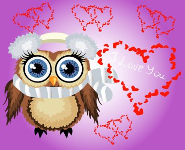 Kalpler tarafından çevrili güzel karikatür kahverengi baykuş kalbimde olduğunu söylüyor. Hava, Saint Valentine, kartpostal seviyorum