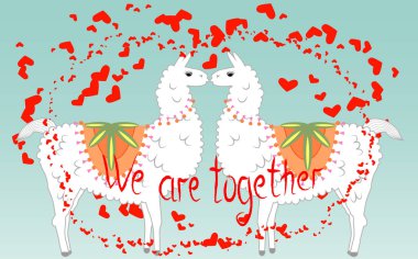 İki sevgili, Kalpler tarafından çevrili llamas öpüşme. Havada aşktır. Yazıt birlikteyiz, kartpostal, Sevgililer günü