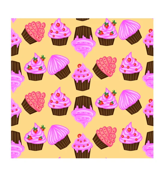 Seamless mönster av aptitretande cupcakes med rosa grädde — Stock vektor