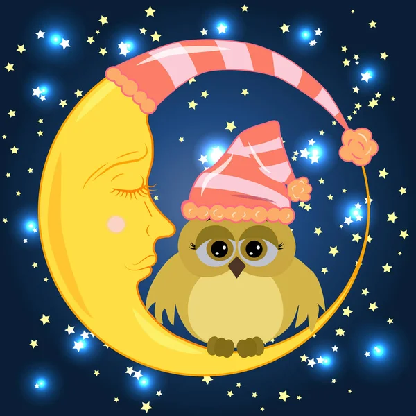 Uyuyan bir kap üzerinde hüzünlü gözleri ile bir tatlı karikatür baykuş uykulu Hilal yıldız ile bir gece gökyüzü arka planı oturur