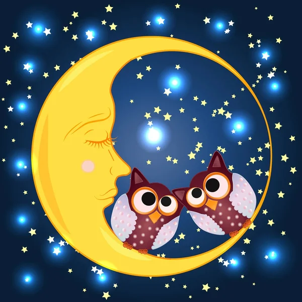 sevimli çizgi uyku baykuş Kapalı gözlerle çevrelerde uykulu Hilal yıldızlar arasında oturur