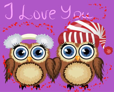 İki sevgi dolu baykuşlar, bir çift kanat, mor bir arka plan üzerine dokunun. Kavramı iki kalpler. Yazıt seni seviyorum