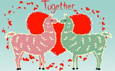 İki aşık kalpler tarafından çevrili llamas öpüşme. Havada aşktır. Yazıt birlikte daha az kalpleri, kartpostal, Sevgililer günü tarafından çevrili bir kırmızı kalp içinde