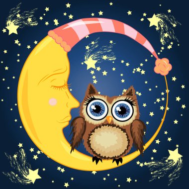 Sevimli çizgi kahverengi baykuş uyuyan Hilal ay yıldız ile gece gökyüzünde oturur