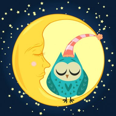 sevimli çizgi uyku baykuş Kapalı gözlerle çevrelerde uykulu Hilal yıldızlar arasında oturur