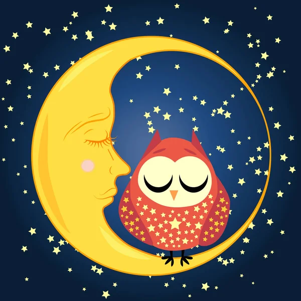 Niedliche Karikatur schlafende Eule im Kreis mit geschlossenen Augen sitzt auf einem schläfrigen Halbmond inmitten der Sterne — Stockvektor