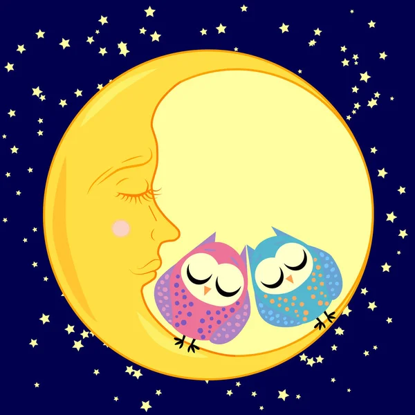 Lindo caricatura durmiendo búho en círculos con los ojos cerrados se sienta en una media luna somnolienta entre las estrellas — Vector de stock