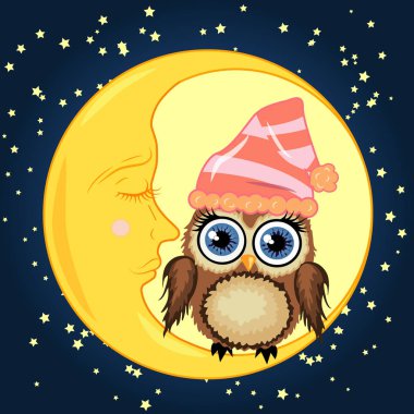 Sevimli çizgi kahverengi baykuş uyuyan bir kap içinde uyuyan Hilal yıldız ile bir gece gökyüzü karşı oturur