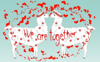 İki sevgili, Kalpler tarafından çevrili llamas öpüşme. Havada aşktır. Yazıt birlikteyiz, kartpostal, Sevgililer günü