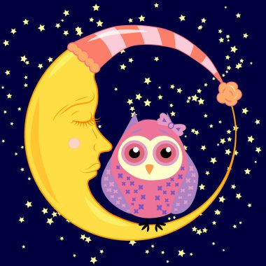 sevimli çizgi uyku baykuş Kapalı gözlerle çevrelerde uykulu Hilal yıldızlar arasında oturur
