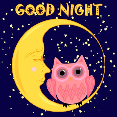 İyi geceler ay ve sevimli baykuş uyku ile kart. Vektör çizim
