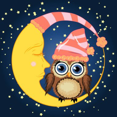 Sevimli çizgi kahverengi baykuş uyuyan bir kap içinde uyuyan Hilal yıldız ile bir gece gökyüzü karşı oturur