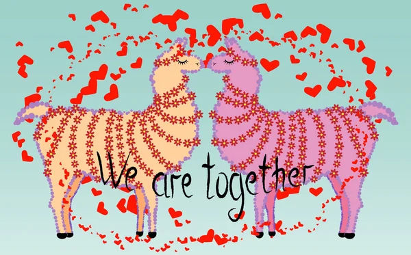 İki sevgili, Kalpler tarafından çevrili llamas öpüşme. Havada aşktır. Yazıt birlikteyiz, kartpostal, Sevgililer günü