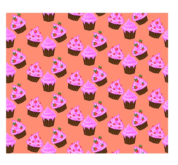 Nahtloses Muster appetitanregender Cupcakes mit rosa Sahne — Stockvektor