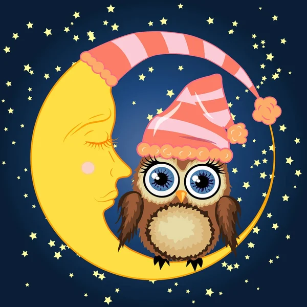 Sevimli çizgi kahverengi baykuş uyuyan bir kap içinde uyuyan Hilal yıldız ile bir gece gökyüzü karşı oturur