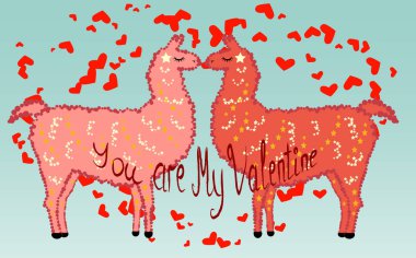 İki sevgili, Kalpler tarafından çevrili llamas öpüşme. Havada aşktır. Benim sevgilim, kartpostal, Sevgililer günü olduğunu yazıt