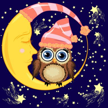 Sevimli çizgi kahverengi baykuş uyuyan bir kap içinde uyuyan Hilal yıldız ile bir gece gökyüzü karşı oturur